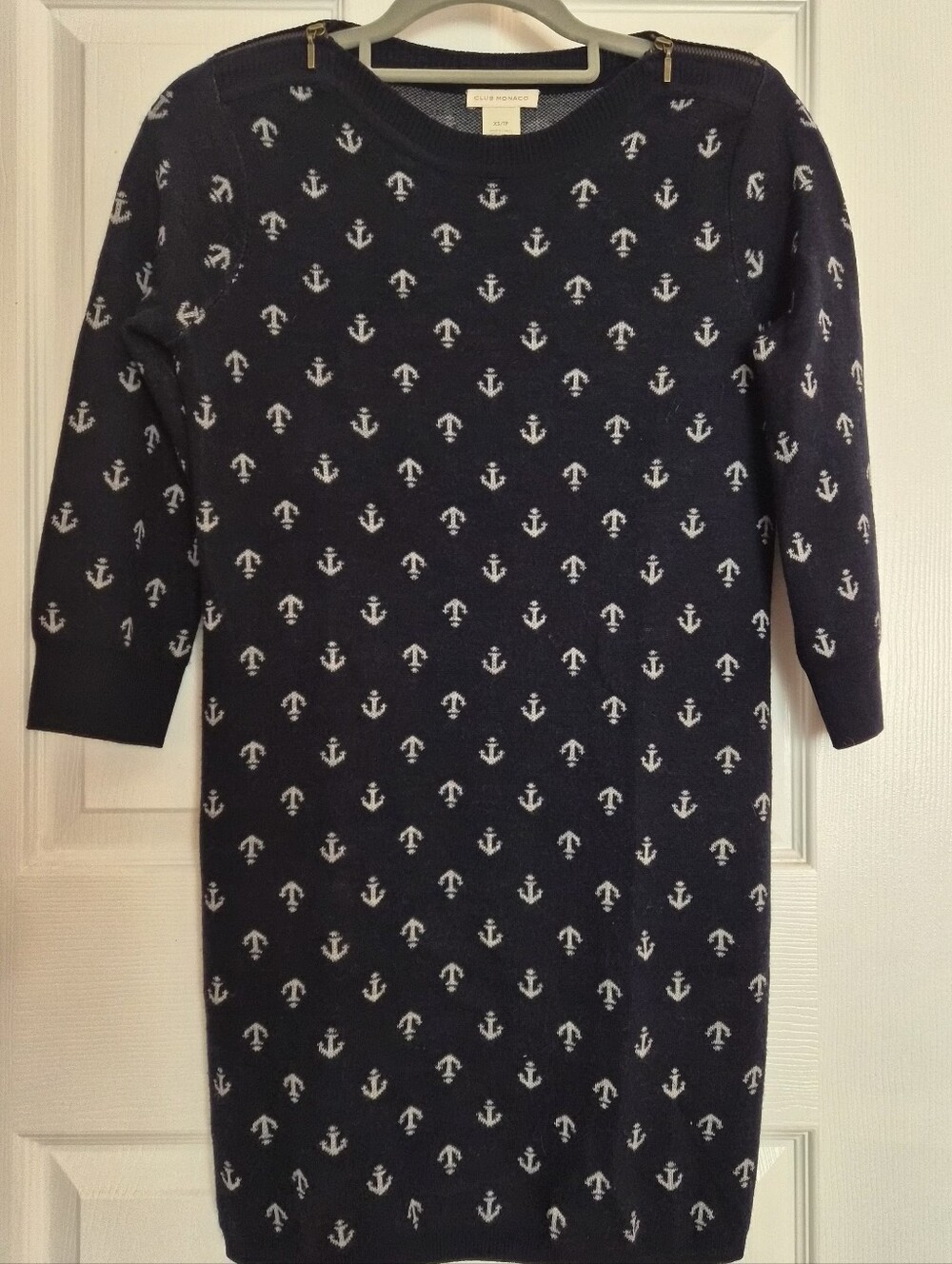 Club Monaco Navy and White Anchor Knit Sweater Wool Mini Dress